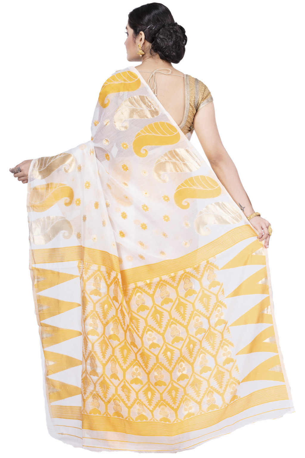 Yellow Pure Cotton Amachal_Jmdni Jamdani Saree (680)